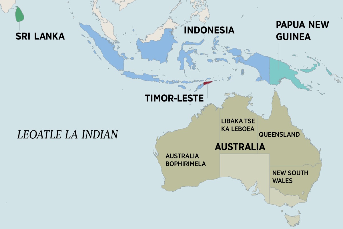 ’Mapa o bontšang naha ea Australia le linaha tse ling tse ka thoko ho akarelletsa Sri Lanka, Indonesia, Papua New Guinea le Timor-Leste. ’Mapa oa naha ea Australia o hlahisitseng libaka tse ka leboea le tse bophirimela ho Australia, ho akarelletsa Queensland le New South Wales.