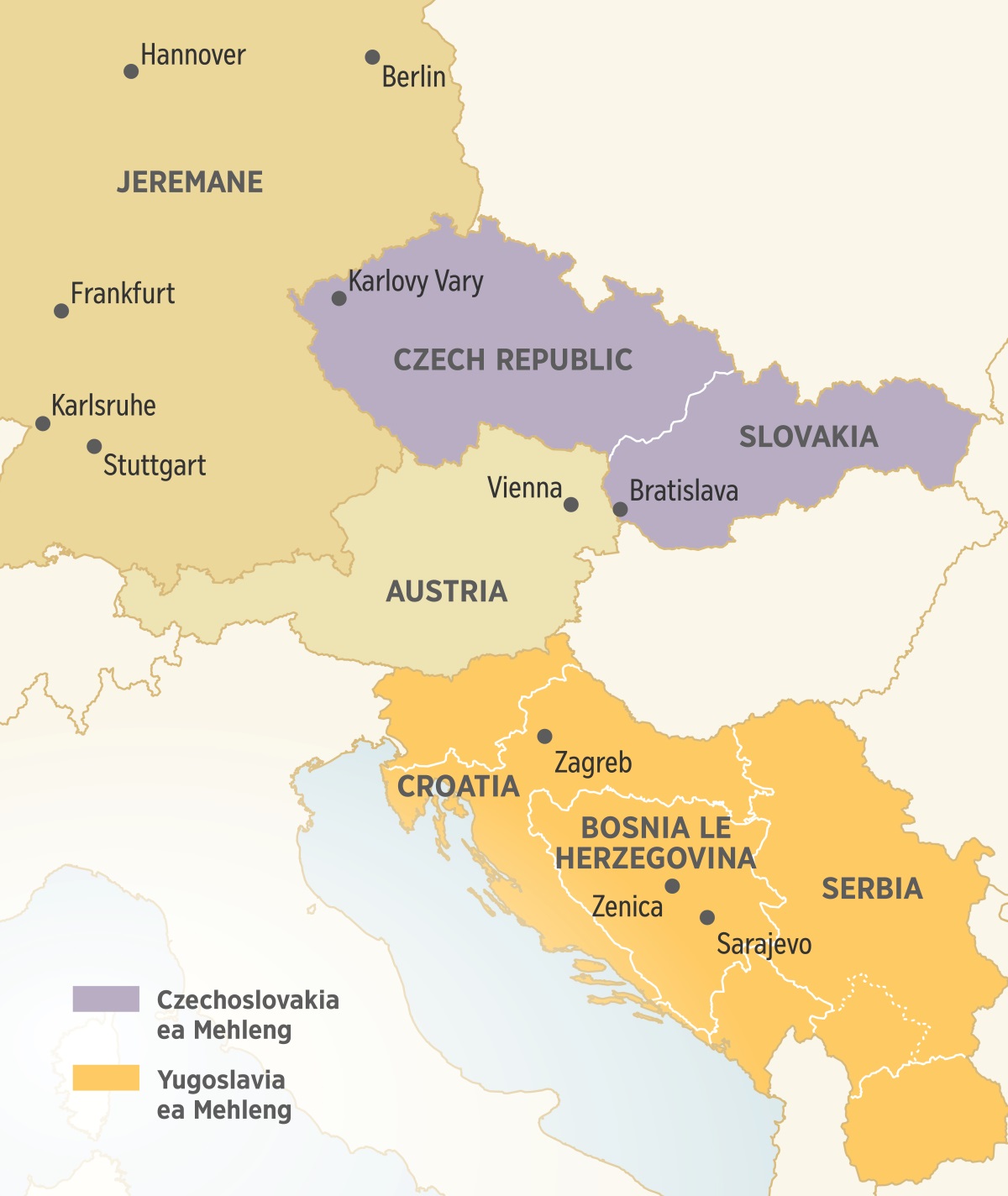 ’Mapa oa Europe e bohareng o bontšang libaka tseo Peter Hamadej a neng a lula le ho sebeletsa ho tsona.