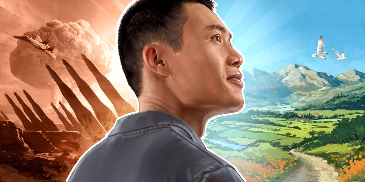 Litšoantšo: Monna ea shebileng pele ka kholiseho. 1. Ka mor’a hae ke ntoa, lifofane tsa ntoa, limisaele tsa nuclear le leru le bakiloeng ke libomo. 2. Ka pela hae hona le lefatše le hloekileng, le nang le khotso, le nang le lithaba, makholo a tletseng joang, noka e phallang le linonyana.