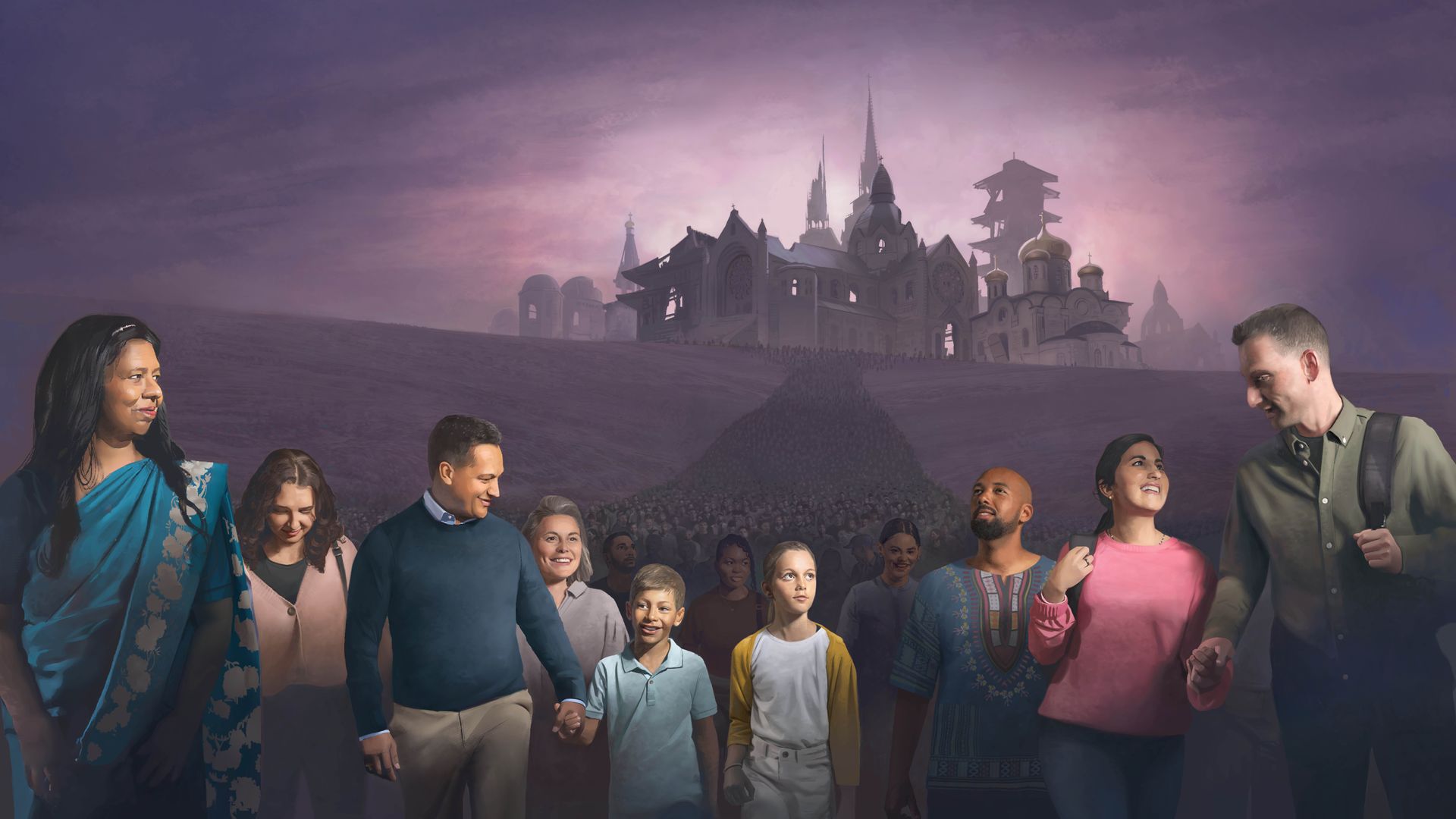 Letšoele le leholo la banna, basali le bana le tsamaea le thabile. Kamor’a bona ke mehaho e senyehileng ea bolumeli.