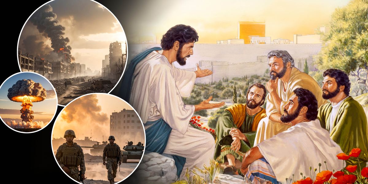 : Jesu o bua le balateli ba hae ka bophelo ba mehleng ea bofelo. Litšoantšo tse nyenyane li hlahisitse ntoa ea mehleng ea kajeno: toropo e chang, leru le bakiloeng ke ho qhoma ha bomo le masole a tsamaeang seterateng pel’a likanono.