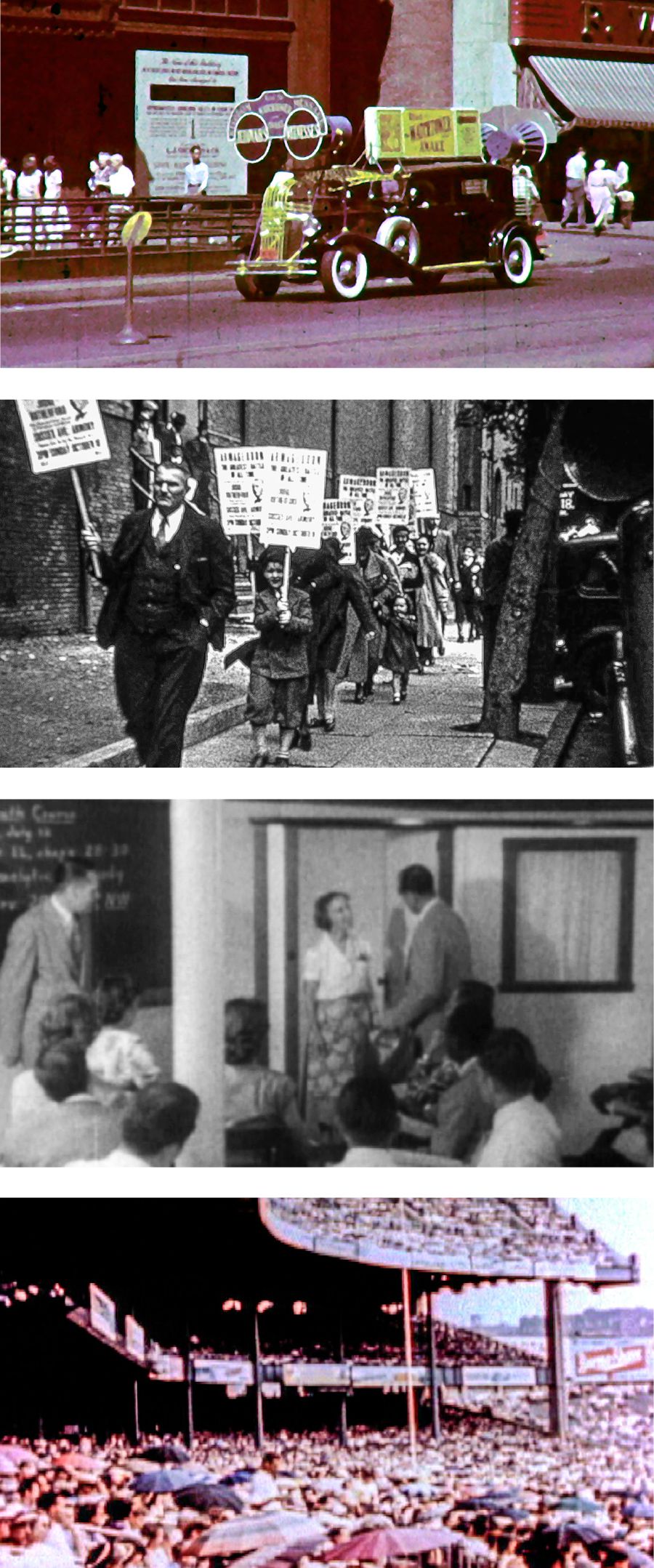 Koloi e nang le sebuela-hōle, Lipaki Tsa Jehova li phatlalatsa puo, tlelase ea Gileade e tsoela pele le bamameli kopanong