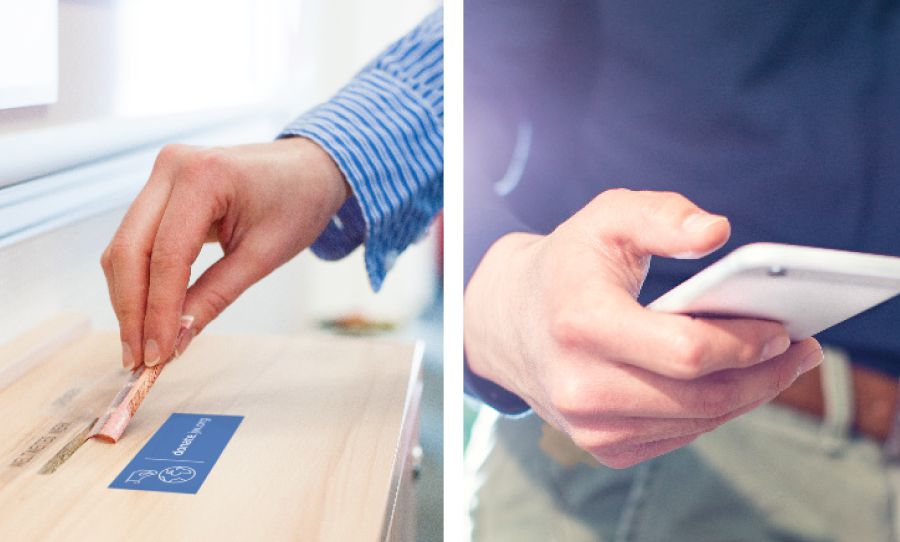 Motho o fana ka monehelo lebokoseng la monehelo; motho o fana ka monehelo a sebelisa websaete ea jw.org/st