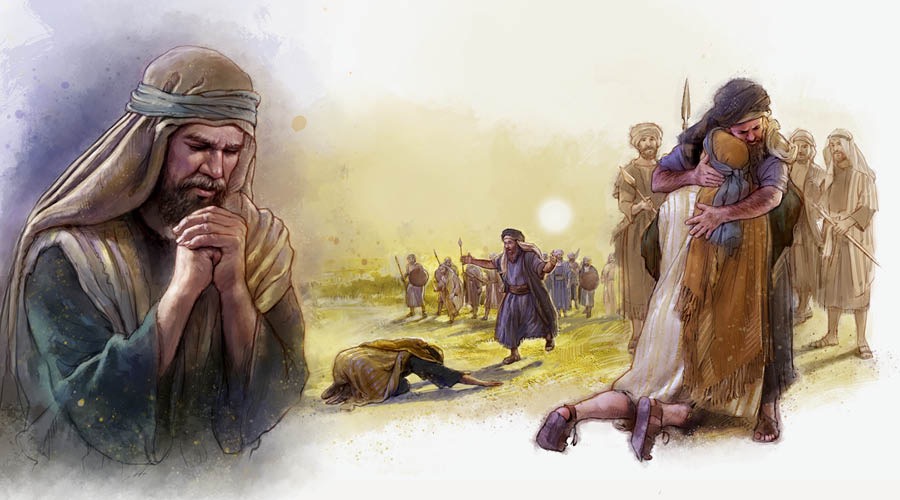 Jakobo o mothating oa ho lokisa litaba le Esau. 1. Jakobo oa rapela. 2. Jakobo o khumame ka pel’a Esau. 3. Esau o haka Jakobo.