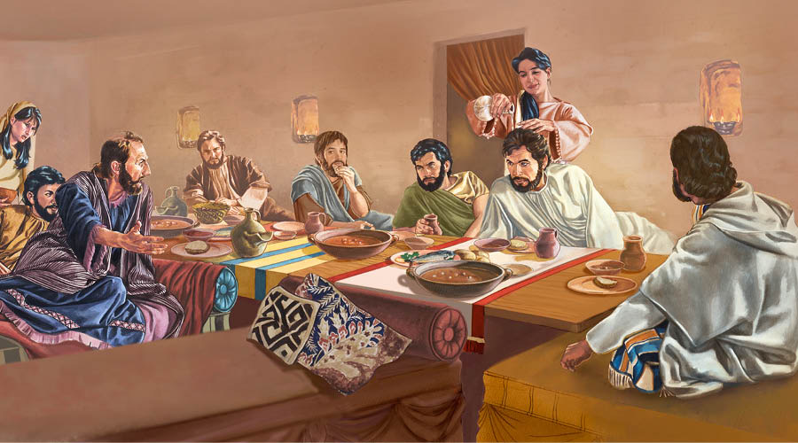 Maria o tšela oli e nkhang hamonate hloohong ea Jesu ha a ntse a lutse tafoleng.