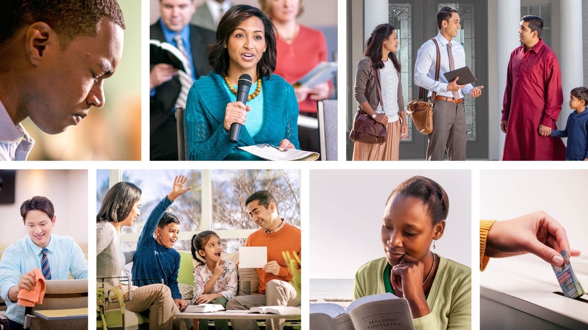 Litšoantšo: Likarolo tse fapaneng tsa borapeli ba rona. 1. Mor’abo rona oa rapela. 2. Morali oa bo rona oa arabela libokeng. 3. Banyalani ba sebetsa ’moho tšimong. 4. Mor’abo rona o hloekisa Holo ea ’Muso. 5. Mor’abo rona o etsa borapeli ba lelapa le mosali le bana ba hae ba babeli. 6. Morali oa bo rona o bala Bibele. 7. Morali oa bo rona o tšela chelete ka har’a lebokose la monehelo.