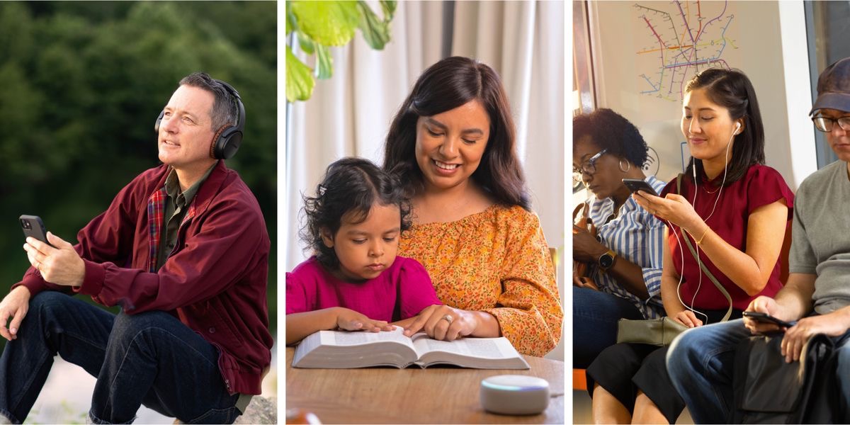 Litšoantšo: Ho mamela Bibele e rekotiloeng. 1. Mor’abo rona o mametse Bibele e rekotiloeng ka liheadphone a le ka ntle moo ho thotseng. 2. ’Mè le morali oa hae ba mametse Bibele e rekotiloeng sesebelisoeng sa elektronike ha ba ntse ba tsamaisana le eona Bibeleng ea bona. 3. Morali oa bo rona o mametse Bibele e rekotiloeng ka liheadset a le ka har’a sepalangoang sa baeti.