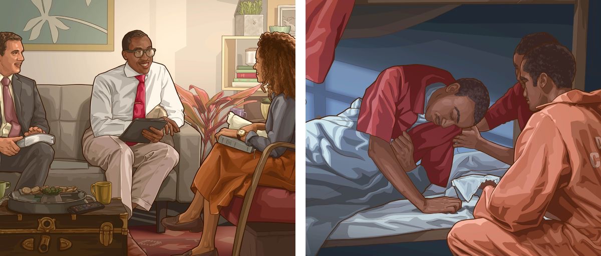 Litšoantšo: Lipapiso tse mabapi le video ea “Ithute Kamoo Jehova a re Ratang Kateng.” 1. Mor’abo rona Capra le mor’abo rona e mong ba etetse morali oa bo rona lelapeng la hae. 2. Mor’abo rona Capra o koaletsoe teronkong le mor’abo rona e mong, o fa mor’abo rona ea kulang lijo.