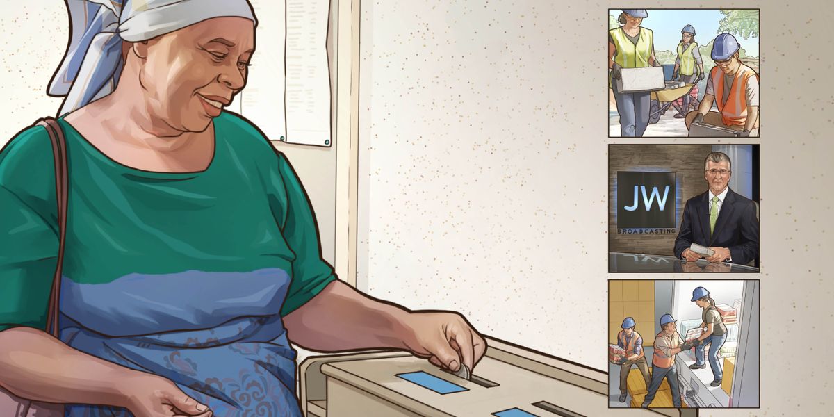 Morali oa bo rona ea holileng o ntša monehelo Holong ea ’Muso. Litšoantšo: 1. Bara le barali ba bo rona ba thusetsa mosebetsing oa kaho. 2. Lenaneo la JW Broadcasting®. 3. Bara le barali ba bo rona ba theola liphallelo terakeng.