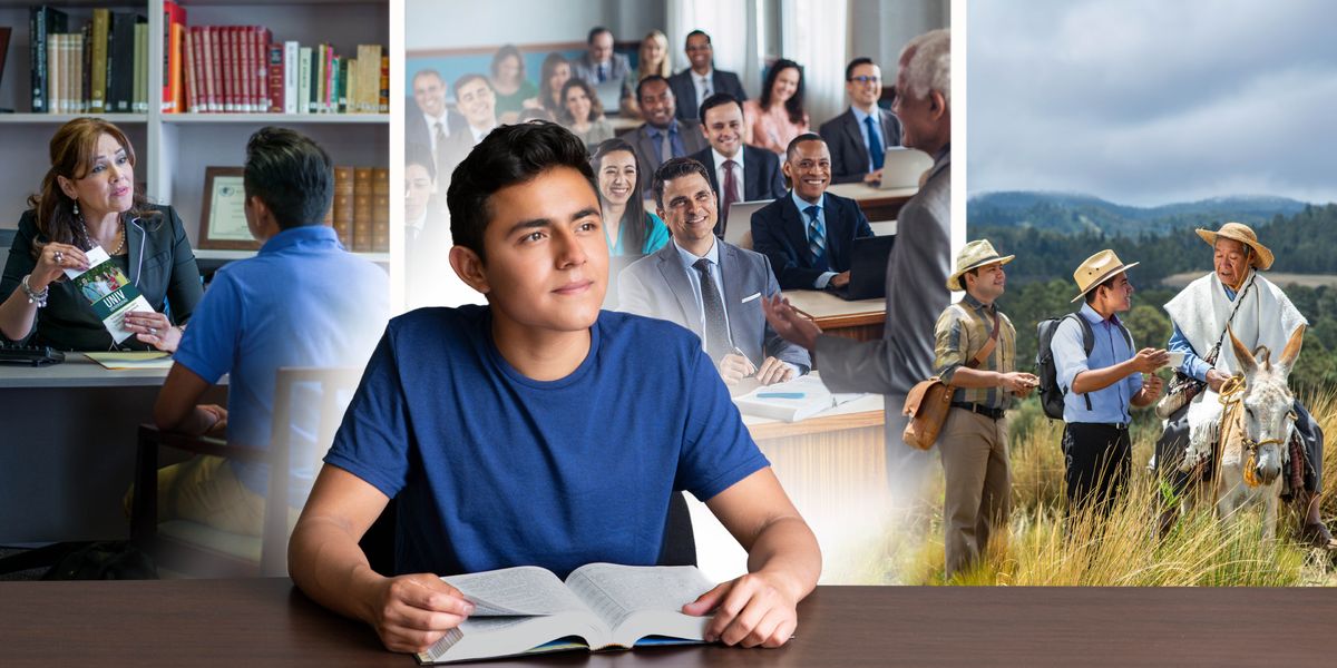 Litšoantšo: Mor’abo rona e mocha o ntse a bala Bibele le ho nahanisisa ka hore na o tla etsa’ng ka mor’a ho qeta high school. 1. O ntse a buisana le tichere. 2. O Sekolong sa Baevangeli ba ’Muso. 3. O bolela litaba tse monate naheng e ’ngoe.