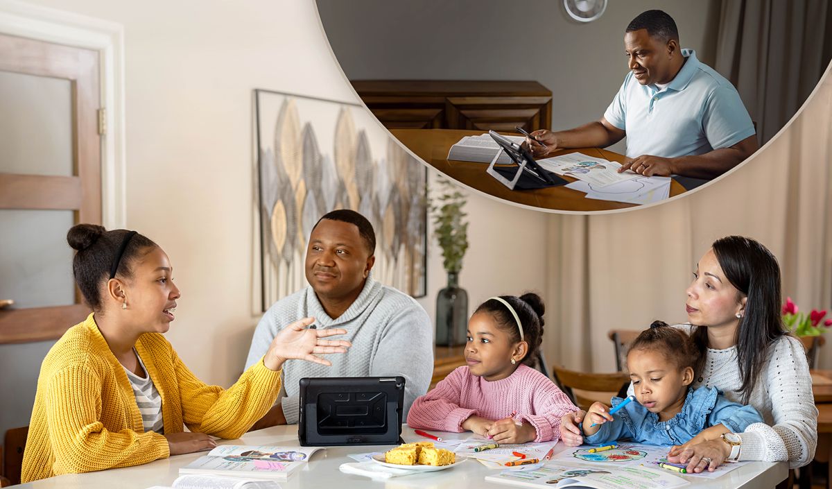 Litšoantšo: 1. Ntate oa lokisetsa pele a eo tšoara borapeli ba lelapa. 2. Ha morao Ntate o tšoara borapeli ba lelapa le mosali oa hae le barali ba bona ba bararo.