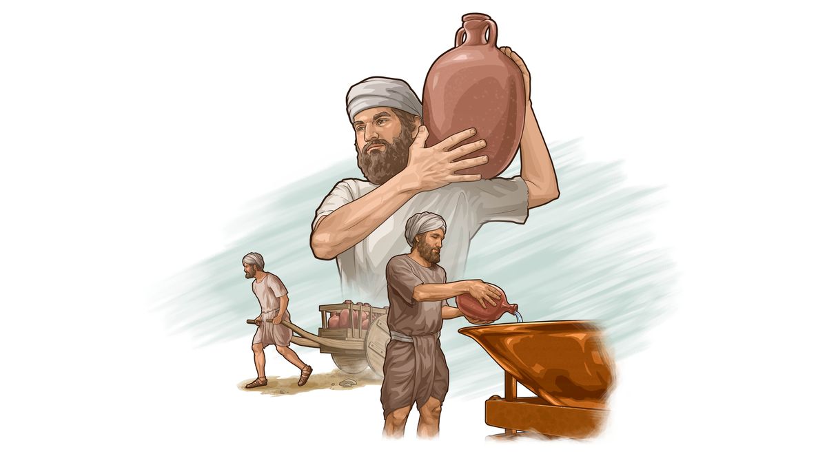 Litšoantšo: Balevi ba etsa mesebetsi ea bona e fapaneng. 1. E mong o tšela metsi ka beisineng ea koporo ka nkho ea letsopa. 2. E mong o hula kariki e tšetseng linkho tsa letsopa. 3. E mong o nkile nkho ea letsopa.