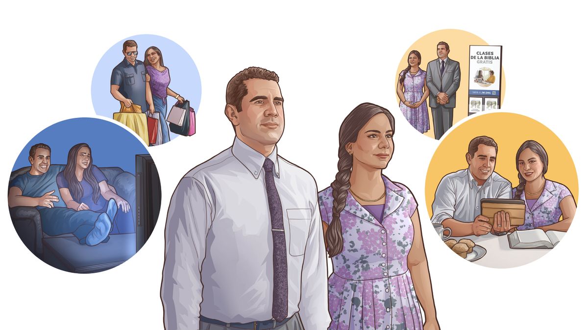 Banyalani ba eme tsoe ka kholiseho. Litšoantšo: linepe tse bontšang kamoo ba neng ba ka sebelisa nako ea bona ka teng. 1. Ba shebelletse lenaneo la thelevishene le seng hantle; ba ithuta Bibele hammoho. 2. Ba ile lishopong ’me ba reka lintho tse ngata; ba etsa boboleli ba teroling.