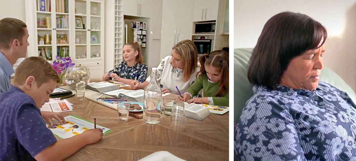 Litšoantšo tse hlahang videong ea “Rapellang ba Mameletseng Mahloriso.” 1. Lelapa la Mor’abo rona Wilson le etsa borapeli ba lelapa ka lintho tseo bana ba ka li etsang tse hlahang sehloohong sa “E-ba Motsoalle oa Jehova—Rapella Batho ba Bang.” 2. Morali oa bo rona Glynis oa rapela.