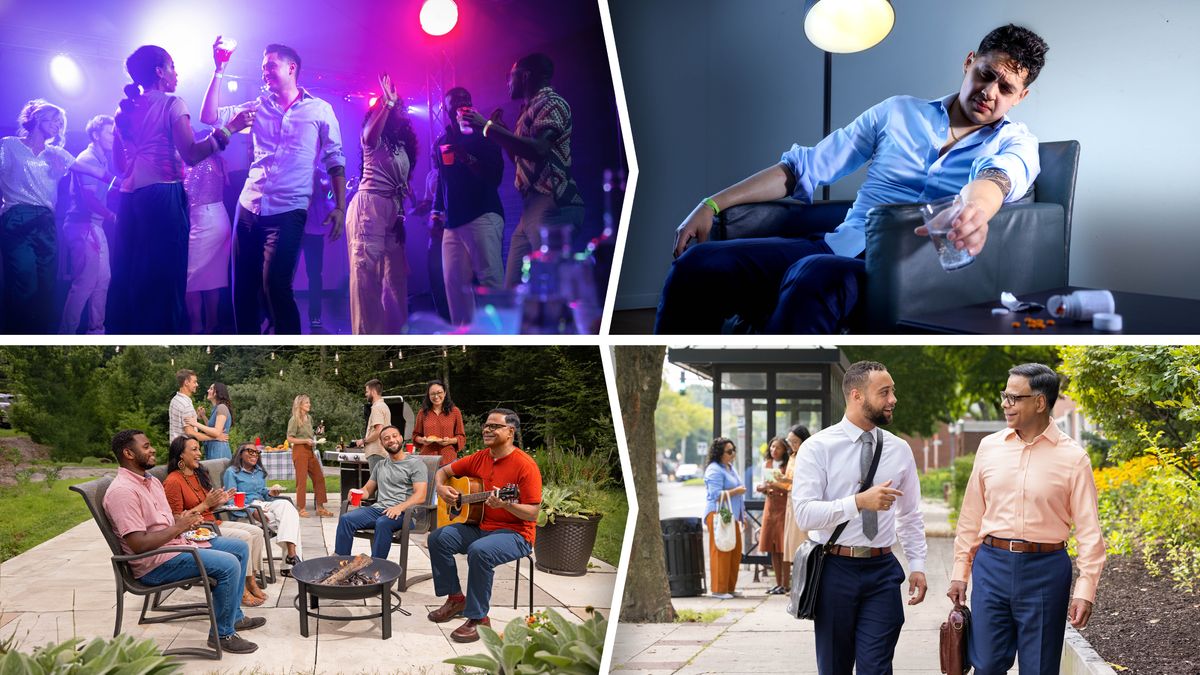 Litšoantšo: Ho bapisoa liqeto tse mpe tseo monna eo eseng Paki a li etsang le liqeto tse ntle tseo ba bang ba Lipaki ba li etsang. 1. Monna o tantša a tšoere joala monateng bosiu. 2. Hamorao ha a ikutloe hantle ’me o noa lipilisi. 3. Bara le barali ba bo rona ba ’mokeng mantsiboea. Ba thabetse ho bina, ho tantša le ho ja hammoho. 4. Letsatsi le hlahlamang ba tšebeletsong ea tšimo.