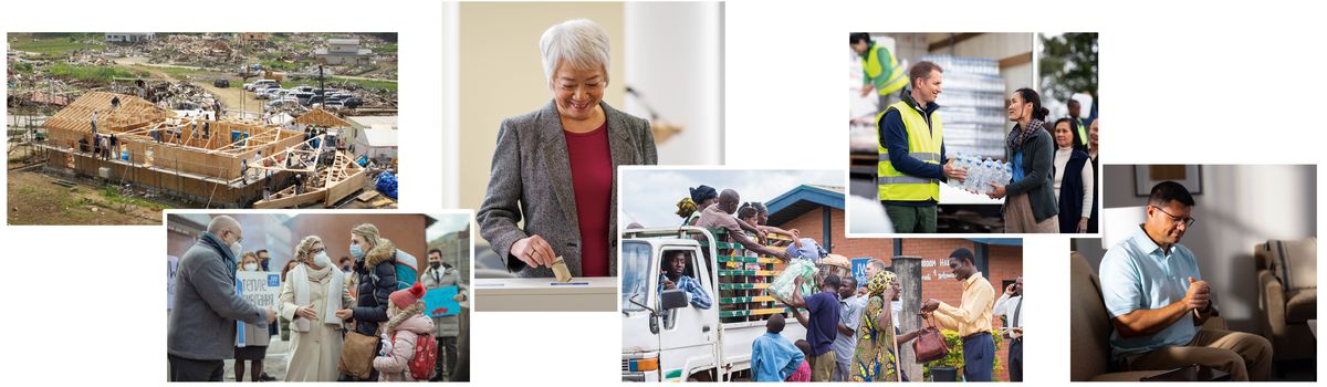 Litšoantšo: Bara le barali ba bo rona ba thusa Bakreste-’moho ka litsela tse fapaneng. 1. Bara le barali ba bo rona ba haha Holo ea ’Muso e sentsoeng ke koluoa ea tlhaho. 2. Bara le barali ba bo rona ba amohela ’mè le morali oa hae ba baphaphathehi ka mofuthu. 3. Morali oa bo rona o ntša monehelo Holong ea ’Muso. 4. Bara le barali ba bo rona ba fa Bakreste-’moho ba baphaphathehi lintho tseo ba li hlokang Holong ea ’Muso. 5. Baithaopi ba fana ka libotlolo tse tšetseng metsi. 6. Mor’abo rona oa rapela.