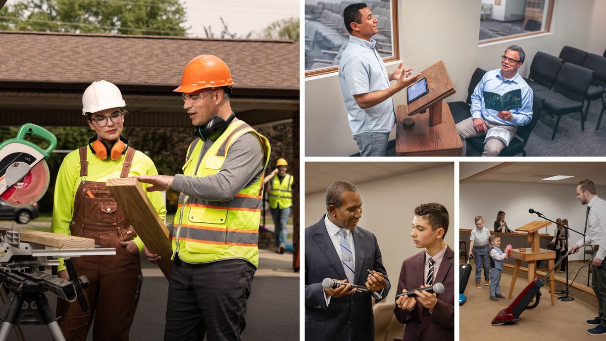 Litšoantšo: Bara babo rona ba koetlisa ba bang maemong a fapaneng. 1. Mor’abo rona o koetlisetsa Morali oa bo rona ho sebelisa sakha ea motlakase projekeng ea kaho. 2. Mor’abo rona ea holileng o shebile Mor’abo rona ea mocha ba le ka Holong ea ’Muso e se nang batho, ha a itokisetsa ho tla fana ka puo ea hae. Mor’abo rona ea holileng o tšoere bukana ea “Ikitlaetse ho Bala le ho Ruta.” 3. Mor’abo rona o ruta Mor’abo rona e mocha ho kenya mashala macha a libuela-hole. 4. Ntate le bara ba hae ba babeli ba thusa ha ho hloekisoa Holo ea ’Muso. Ntate le mora oa hae e moholo ka bobeli ba sebelisa mochini oa ho hloekisa sethaleng, ha mora oa e monyenyane a hlakola sethala ka lelapi.