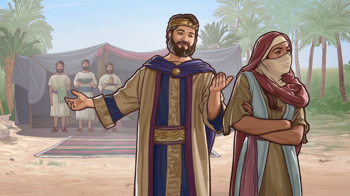 Moroetsana oa Moshulame o eme a phuthile matsoho a bile a furalletse Morena Solomone ’me o hana memo ea hore a tle tenteng ea hae. Bahlanka ba bararo ba Solomone ba eme ka pel’a tente ba tšoere thaole, beisine le jeke.