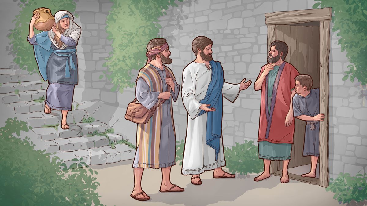 Jesu le e mong oa baapostola ba hae ba pakela ntate e mong le mora oa hae lapeng la bona. ’Mè e mong ea jereng nkho e kholo lehetleng o feta pel’a bona a ba mametse.