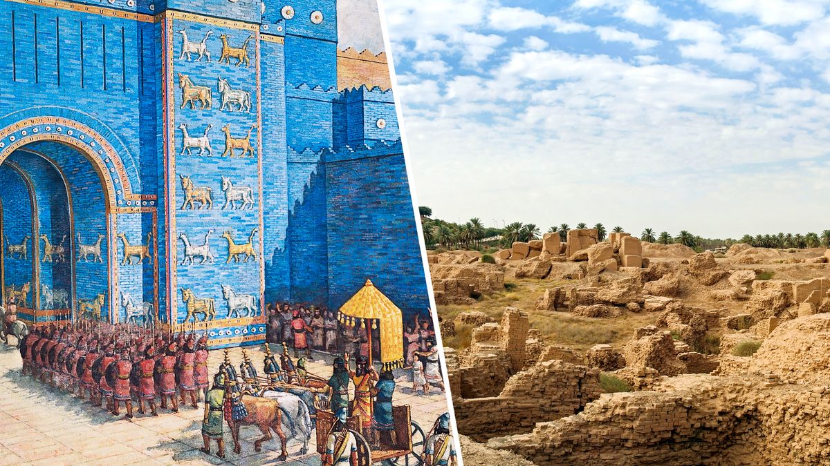 Litšoantšo: 1. Mabota a malelele le keiti e kenang ea motse oa khale oa Babilona. 2. Lithako tsa motse oa Babilona mehleng ena.