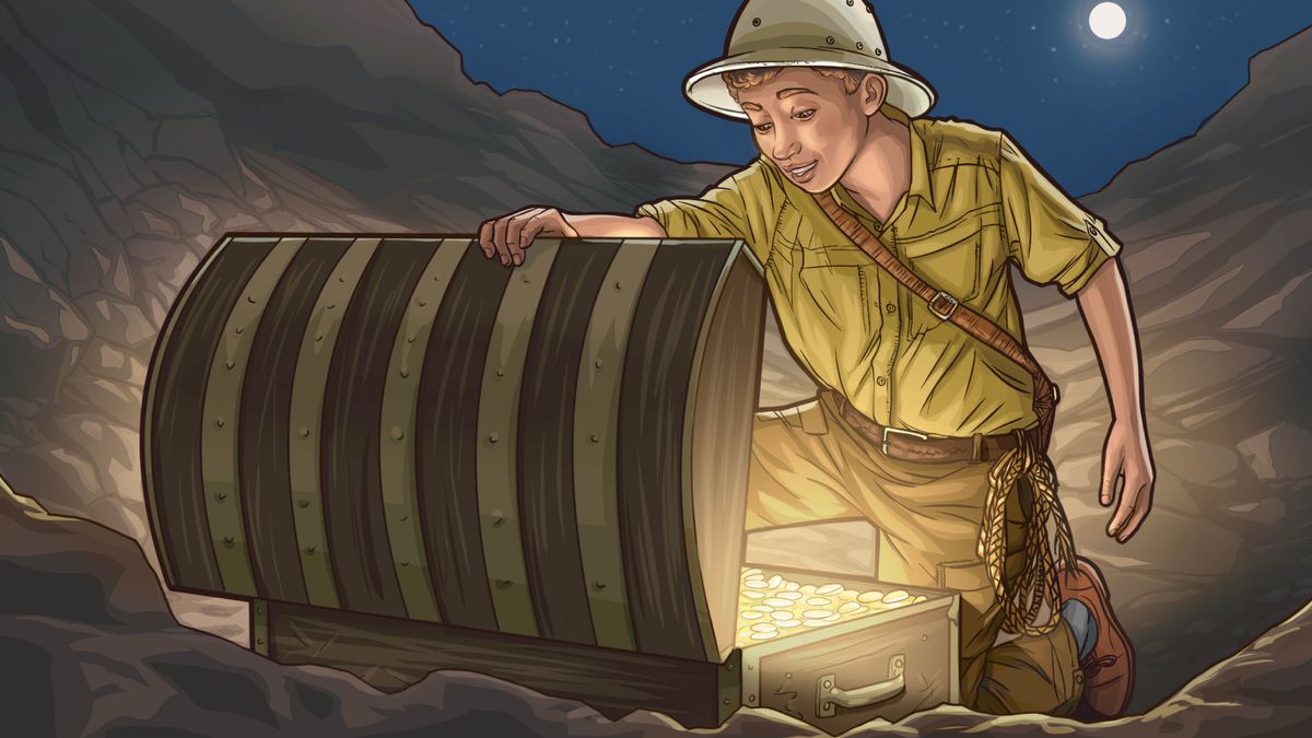 Moshanyana ea apereng liphahlo tsa bafuputsi o bula lebokose le tšetseng matlotlo a thabile.