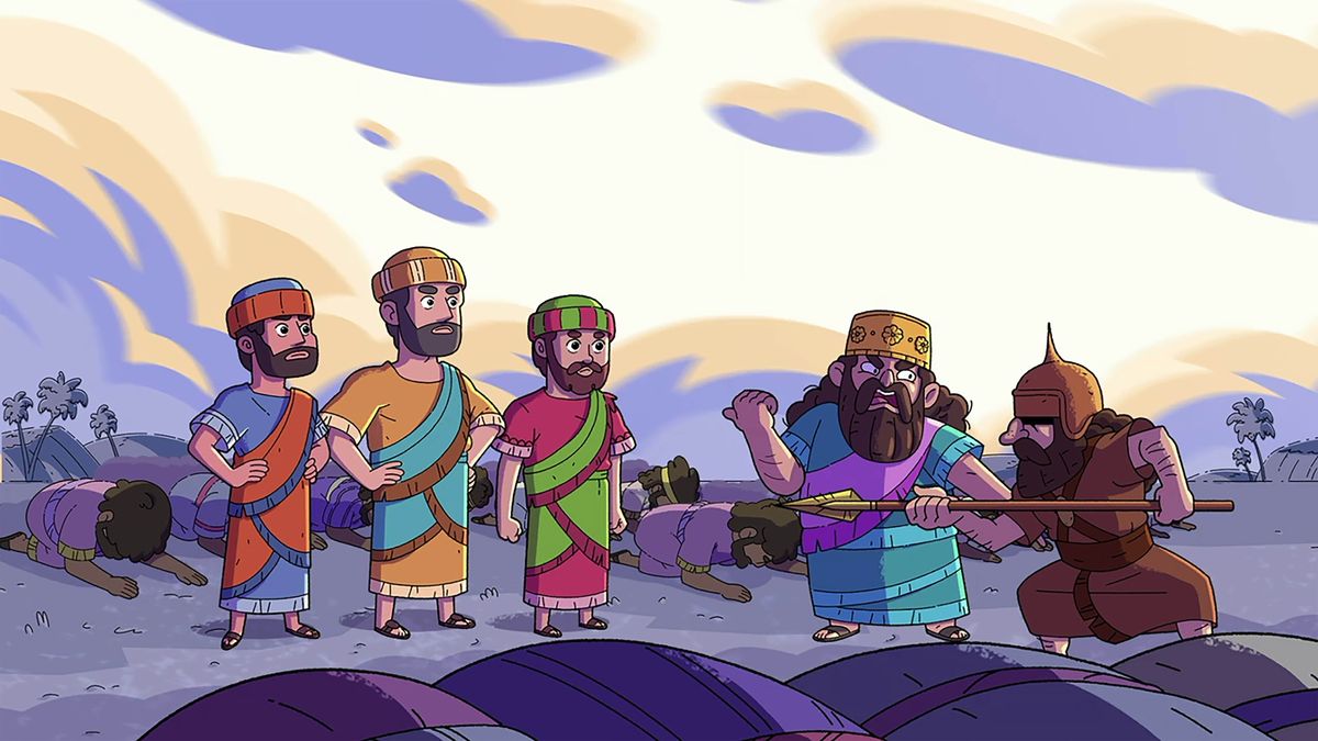 Setšoantšo se hlahang videong ea: “Ithute ho Metsoalle ea Jehova​—Hanania, Mishaele le Azaria.” Hanania, Mishaele le Azaria ba hana ho rapela setšoantšo sa Morena Nebukadnezare. Ka bohale Nebukadnezare o laela lesole hore le ba tšoare.