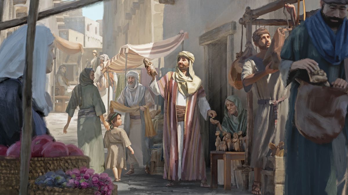 Moeta-pele oa bolumeli o reka setšoantšo se rapeloang ’marakeng o Juda. Baiseraele ba bang ba mo shebile.