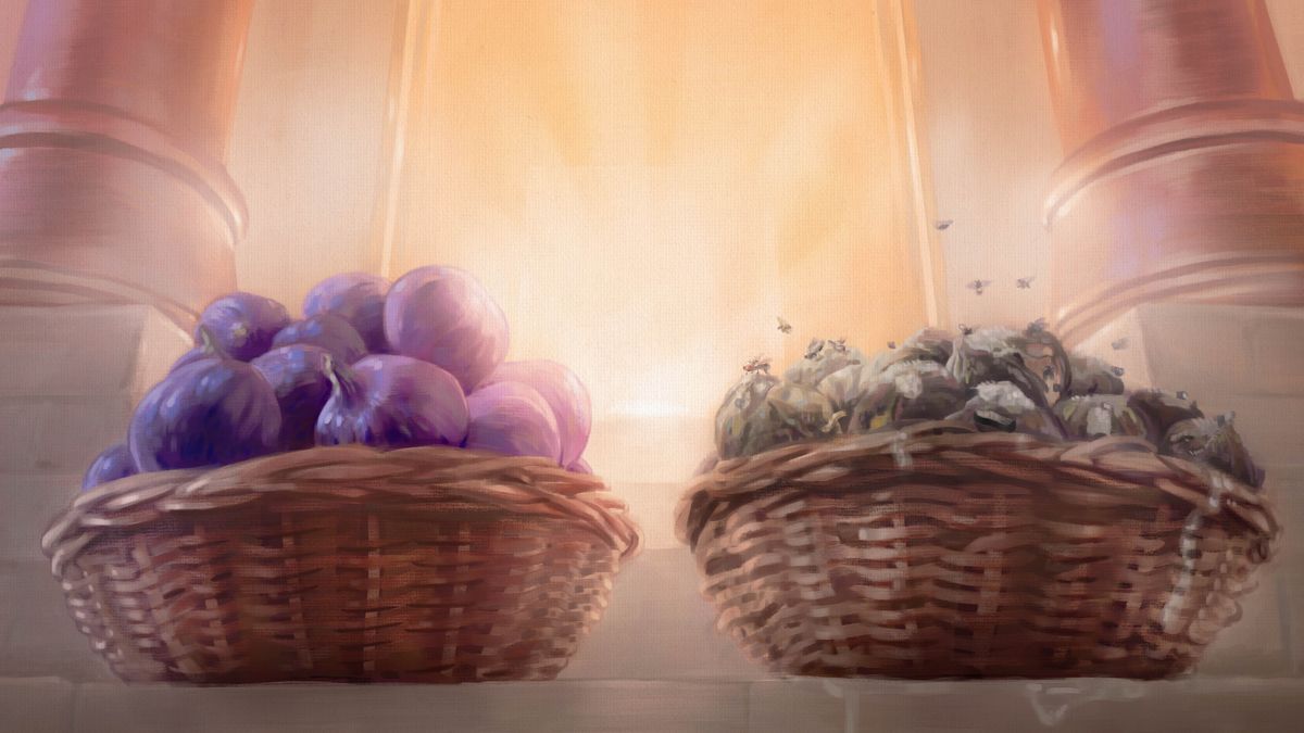 Libaskete tse peli tsa lifeie li behiloe ka pel’a tempele ea Jehova. E ’ngoe e tšetse lifeie tse ntle ha e ’ngoe e tšetse tse bolileng.