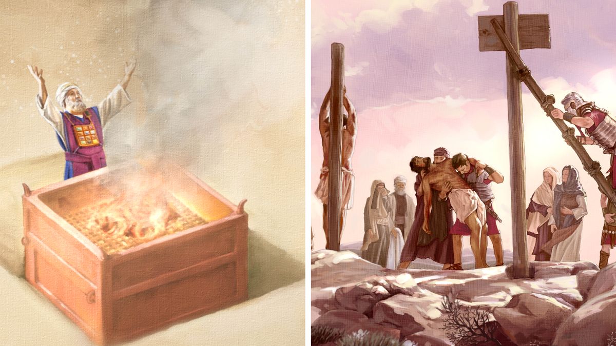 Litšoantšo: 1. Moprista ea phahameng o etsa sehlabelo ka phoofolo aletareng. 2. Masole a theola setopo sa Jesu palong.