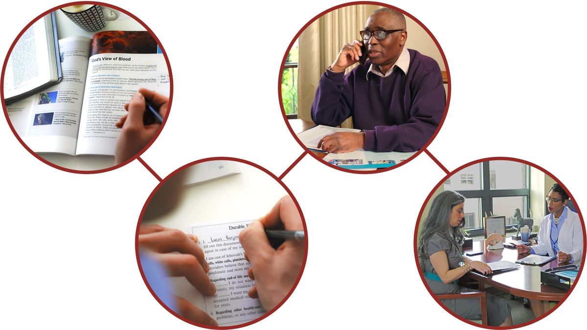 Litšoantšo tse hlahang videong ea “Na u Itokiselitse Maemo a Bophelo a Tšohanyetso a ka Hlokang Lingaka?” 1. Mor’abo rona o etsa lipatlisiso a sebelisa Bibele le buka ea “U ka Thaba ka ho sa Feleng!” khaolo ea 39. 2. Mor’abo rona o tlatsa karete ea hae ea mali. 3. Mor’abo rona oa Komiti ea Bohokahanyi le Lipetlele o thusa Mokreste-’moho ka fono. 4. Morali oa bo rona o bontša ngaka litokomane tsa hae.