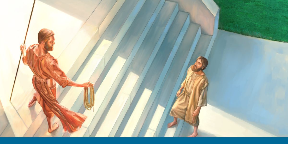 Monna ea shebahalang joaloka koporo e benyang o tšoere thapo ea line le thupa e methang. Monna eo o bontša Ezekiele tempele ponong.