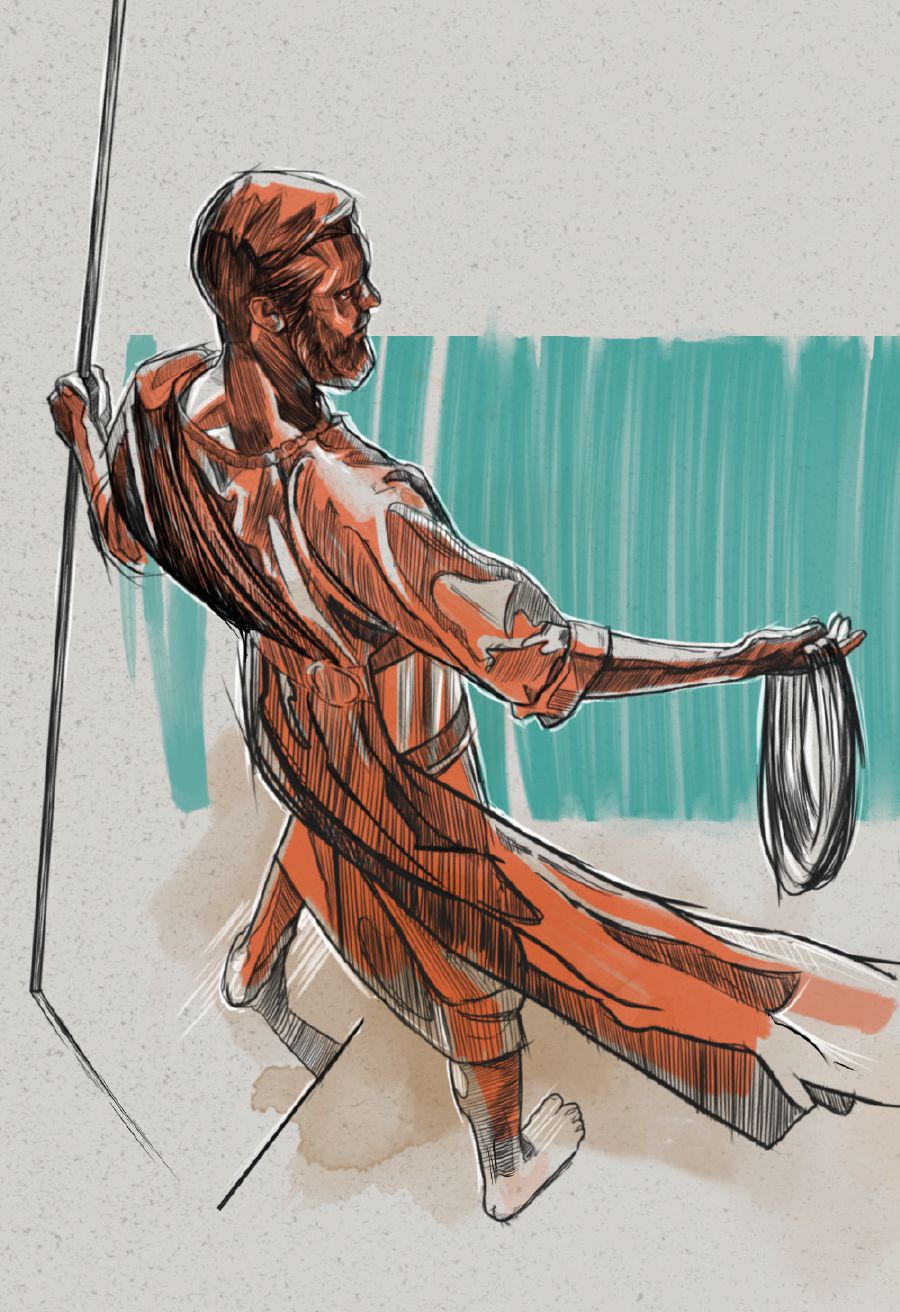 Monna ea shebahalang joaloka koporo e benyang, o tšoere thapo ea line le thupa e methang.