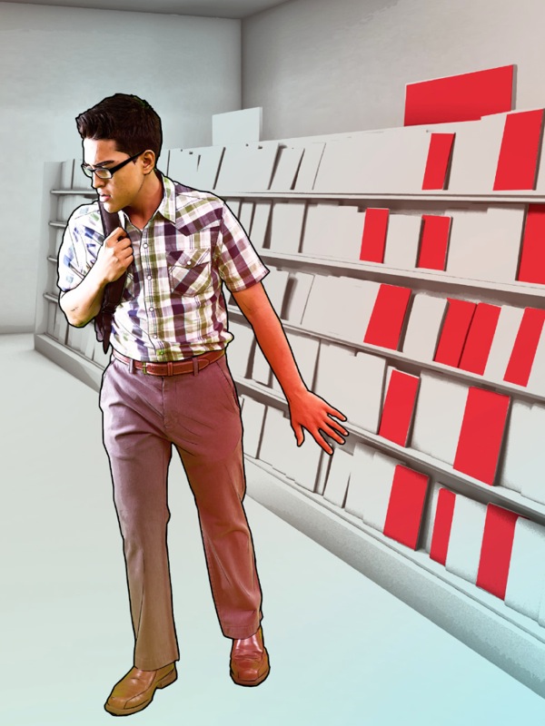 Mohlankana ea ka lebenkeleng la libuka o hana ho sheba litšoantšo tsa bootsoa