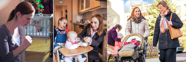 Morali’abo rōna: 1. o rapella haufi le bethe ea ngoana, 2. o fepa ngoana, 3. o sutumetsa ngoana ka koloeana ea bana