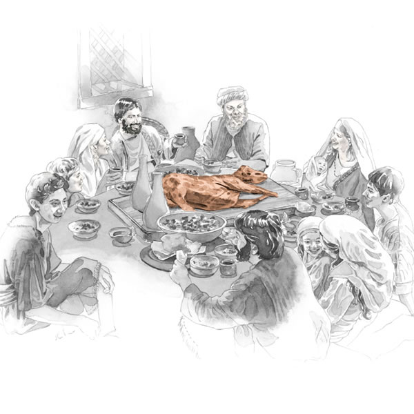 Batho ba lutse tafoleng e nang le konyana ea Paseka