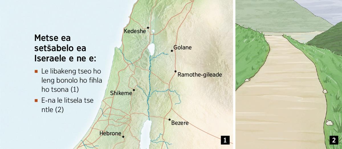 ’Mapa o hlahisitseng metse e tšeletseng ea setšabelo ea Baiseraele e nang le litsela tse ntle