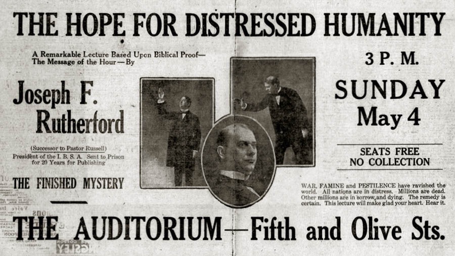 Sehlooho sa puo eo Mor’abo rona Rutherford a ileng a fana ka eona Los Angeles, California ka 1919 se reng “Tšepo Bakeng sa Batho ba Tsietsing” se hlahile koranteng