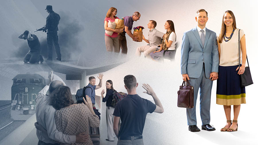 Banyalani bao re tla re ke Danylo le mosali oa hae ba eme ka maoto ba thabile. Litšoantšo tse nyallanang: 1. Danylo o khumame a isitse matsoho ka mor’a hlooho ha lesole le mo supile ka sethunya. 2. Eena le mosali oa hae ba fonanisa ba bang ba balumeli-’moho le bona ha ba le seteisheneng. 3. Mora le morali’abo rona ba ba fa lijo le lintho tse ling.