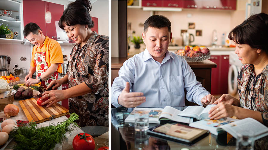 Litšoantšo tse nyallanang: 1. Monna o thabela ho thusa mosali oa hae ho lokisa lijo. 2. Banyalani bao ba thabela Borapeli ba Lelapa.