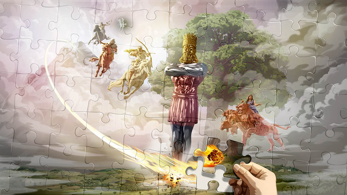 Motho o kenya karolo ea ho qetela ea jigsaw puzzle. Karolo ena e etsa hore lejoe le otlileng setšoantšo se seholo le bonahale hantle. Jigsaw puzzle e bontša boprofeta bo sa tšoaneng bo hlahang ka Bibeleng lengolong la Daniele le la Tšenolo. 1. Lejoe lena le khephoha thabeng ’me le otla maoto a setšoantšo. 2. Sefate se seholo. 3. Lipere tse ’nè le bapalami ba tsona. 4. Seotsoa se lutse holim’a sebata se ’mala o sekareleta.