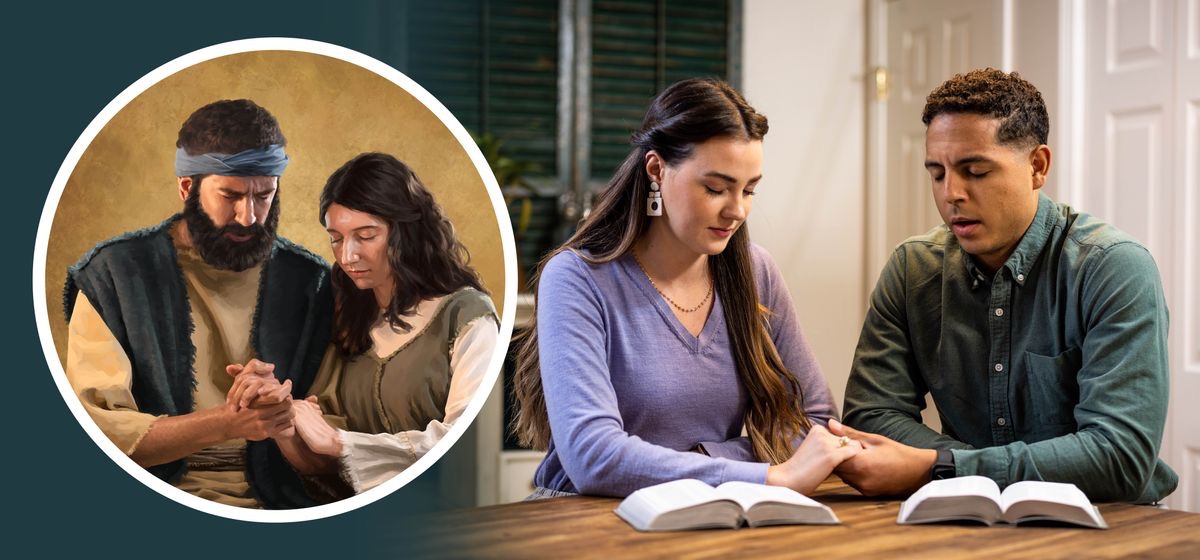 Banyalani ba tšoarane ka matsoho ha ba ntse ba rapela. Setšoantšo se hlahisitseng Josefa le Maria ba tšoarane ka matsoho ha ba ntse ba rapela.