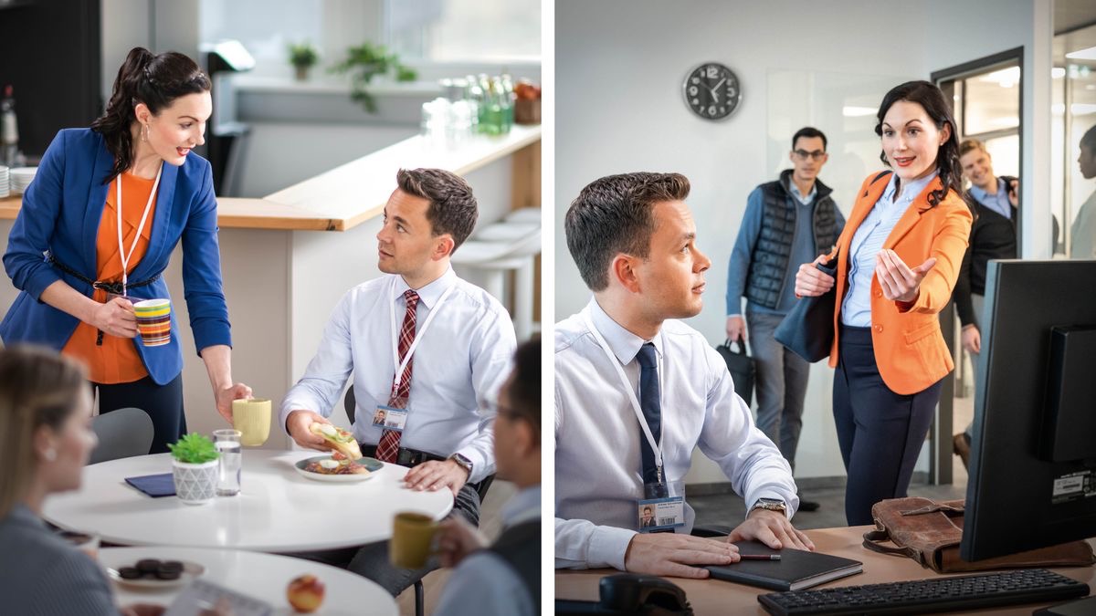 Litšoantšo: 1. Mosali e mong ea sebetsang le mor’abo rona o mo fa kofi nakong ea khefu. 2. Mosali eo o mema mor’abo rona hore a intše le eena le metsoalle e meng ea hae.