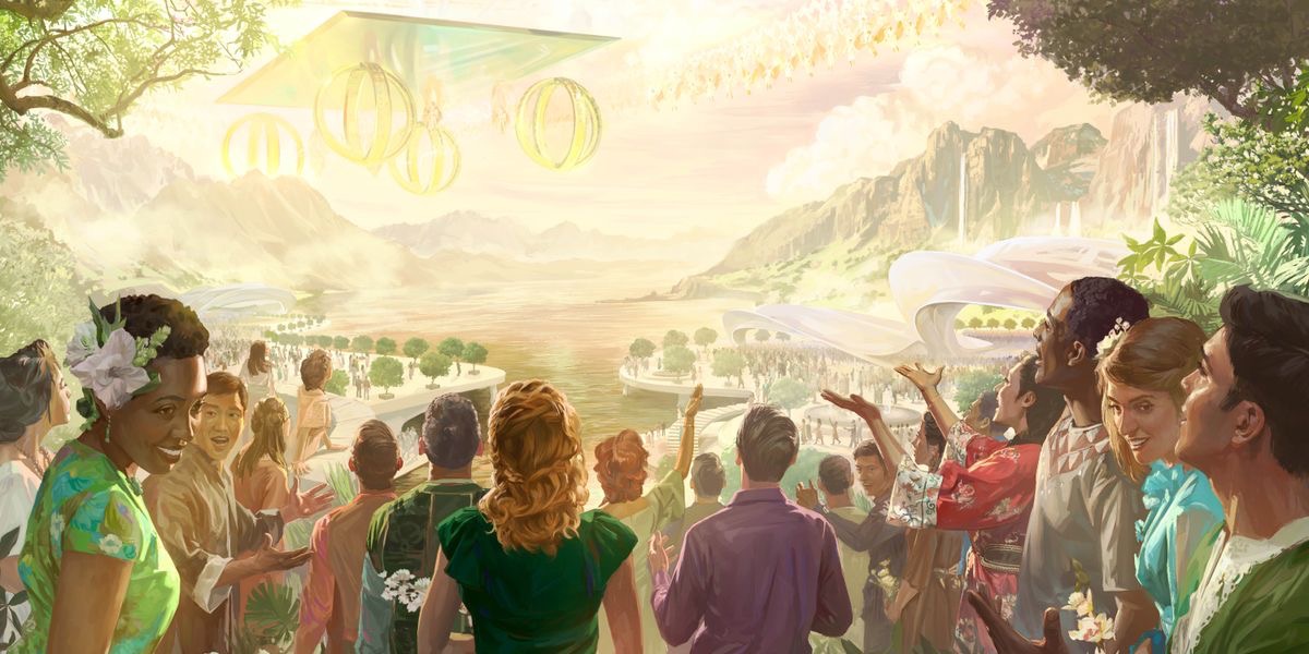 Mangeloi leholimong le batho Paradeiseng ba rorisa Jehova le koloi ea hae e khanyang.