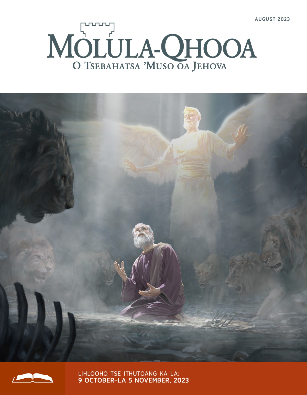 Moprofeta Daniele o pota-potiloe ke litau ka sekoting ’me o shebile leholimong. Lengeloi le eme ka holim’a hae ’me le mo sirelelitse.