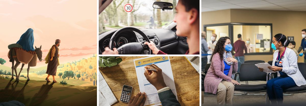 Maria o palame tonki ’me eena le Josefa ba ea Bethlehema. Litšoantšo: 1. Mor’abo rona o sheba lebelo leo a khannang ka lona ha a feta pel’a boto e bontšang lebelo le lebeletsoeng. 3. Mor’abo rona o tlatsa foromo ea lekhetho. 4. Morali oa bo rona o kentse semonkoana ha a ntse a bua le ngaka sepetlele ’me o lutse hole le eona.