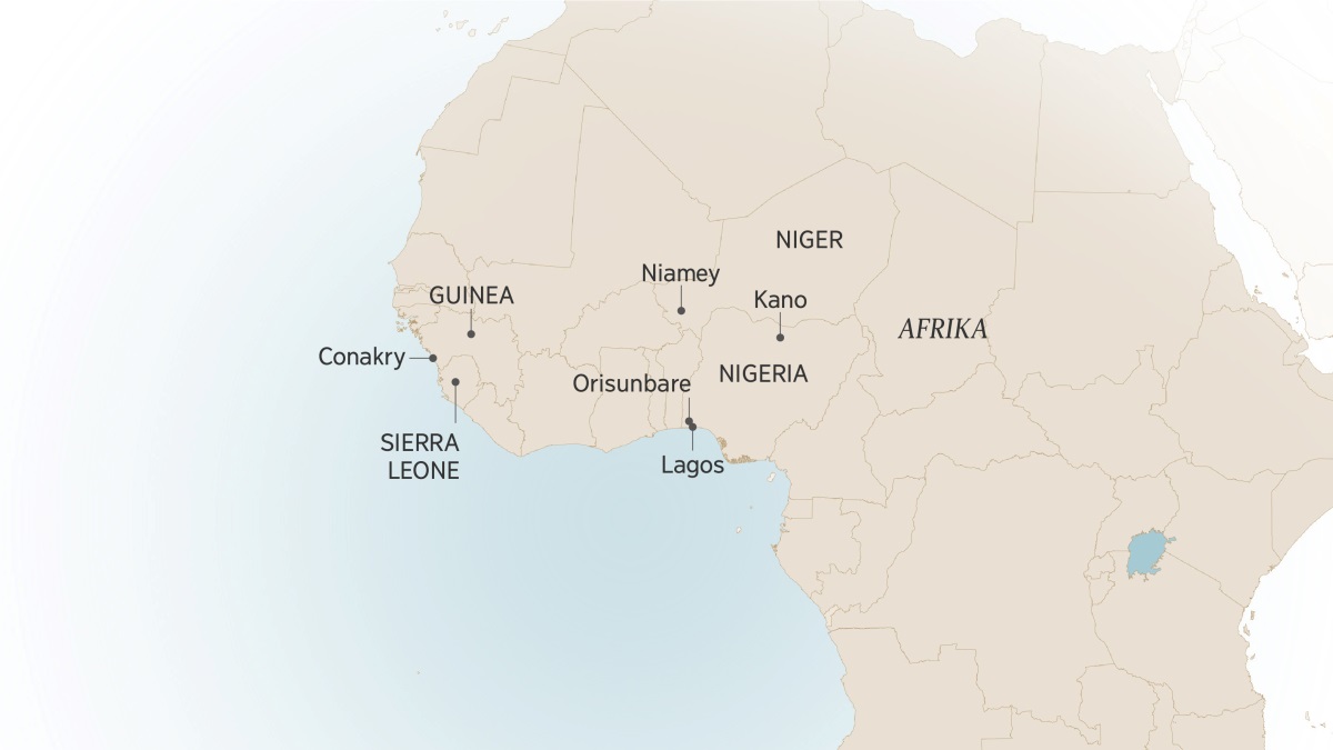 ’Mapa oa Afrika Bophirimela o bontšang tse ling tsa libaka tseo Israel Itajobi a kileng a phela ho tsona le ho sebeletsa ho tsona: Conakry, Guinea; Sierra Leone; Niamey, Niger; Kano, Orisunbare le Lagos, Nigeria.