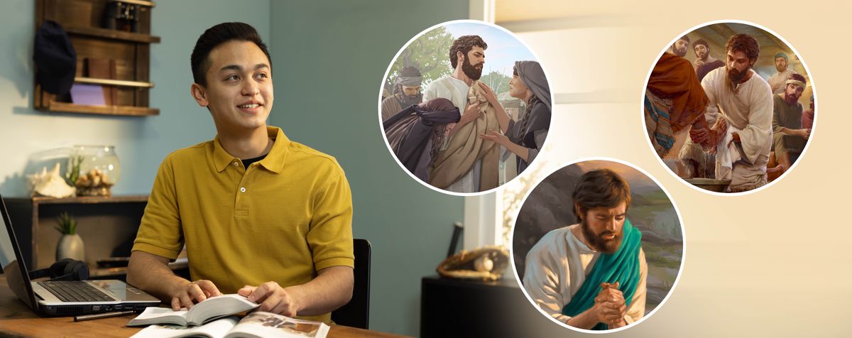 Mor’abo rona e mocha oa nahanisisa ha a ntse a ithuta Bibele. Litšoantšo: 1. Jesu o lla le Maretha le Maria. 2. Oa rapela. 3. O hlatsoa maoto a e mong oa baapostola.