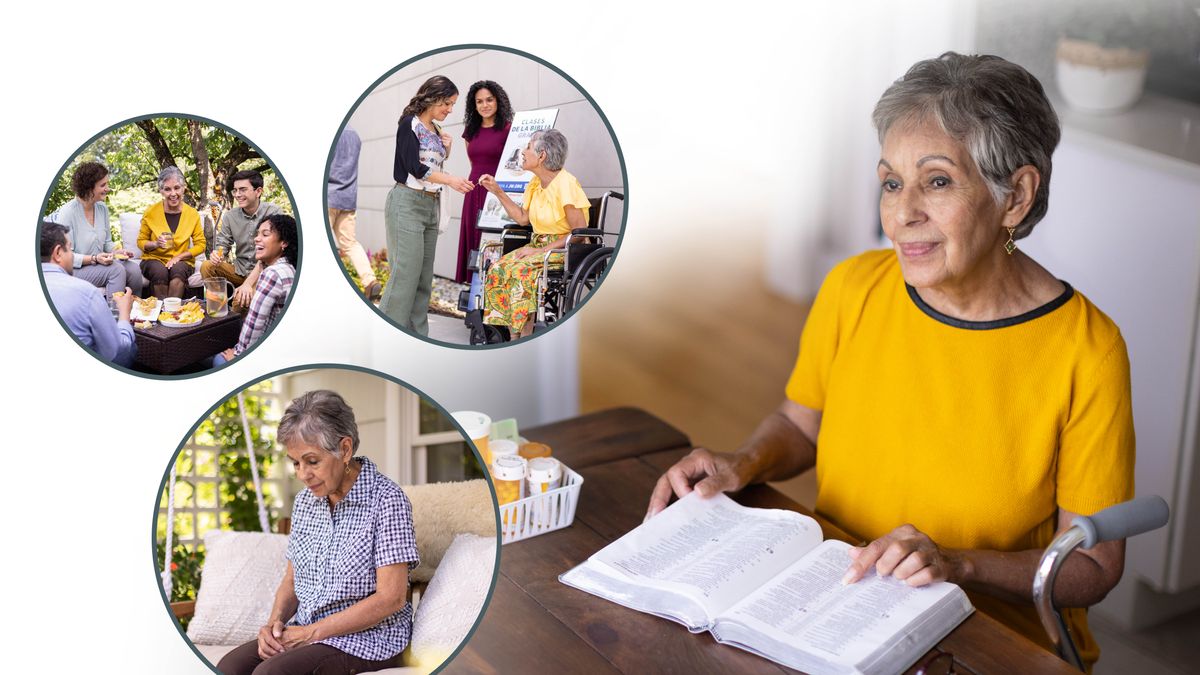 Litšoantšo: Morali oa bo rona ea holileng oa nahanisisa ha a ntse a bala Bibele. Ho na le libotlolo tse ’maloa tsa lipilisi pel’a hae. 1. O buisana le mosali e mong a le holim’a wheelchair ha a ntse a paka ka teroli. 2. O ’mokeng le bara le barali ba bo rona. 3. Oa rapela.