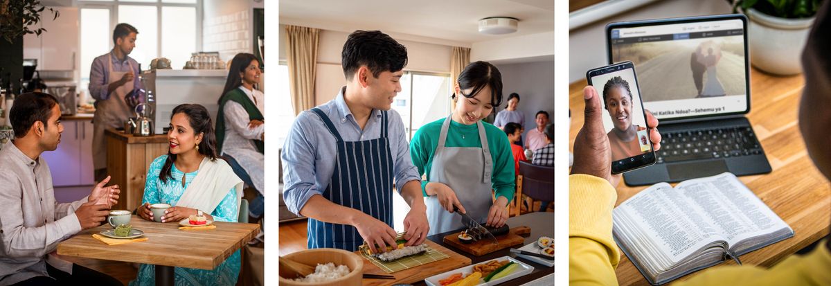 Litšoantšo: 1. Batho ba ratanang ba lutse shopong e rekisang kofi ba ntse ba qoqa ba thabile. 2. Batho ba bang ba ratanang ba ntse ba etsa lijo hammoho ba le ’mokeng. 3. Mor’abo rona le morali oa bo rona ba buisana ka video call. Ba bala sehlooho se reng “Ke Eng Seo Nka se Lebellang Lenyalong?​—⁠Karolo ea 1” ho jw.org/st. Mor’abo rona o na le Bibele e butsoeng ka pela hae.