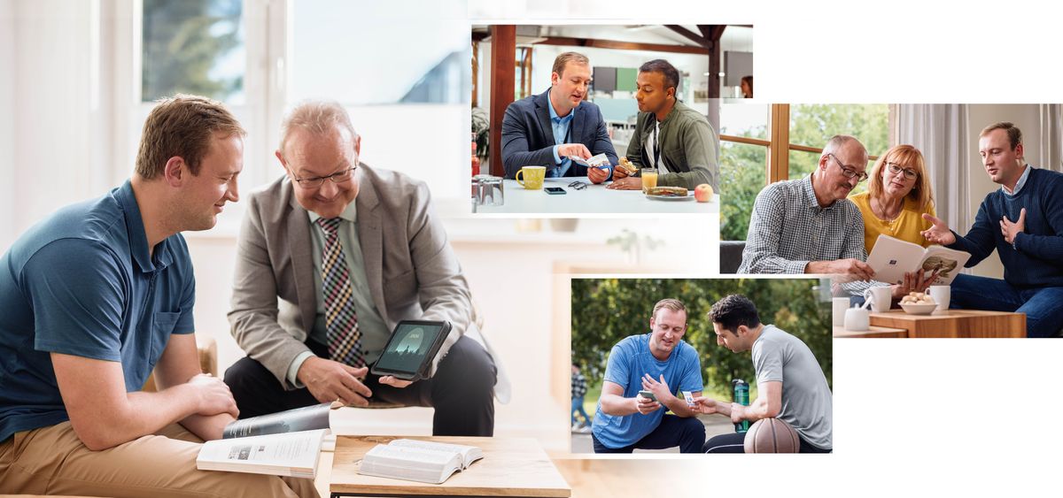 Mor’abo rona o sebelisa buka ea “U Ka Thaba ka ho sa Feleng!” ho ithuta Bibele le ntate e mong. Litšoantšo: Ntate eo o bolella ba bang seo a ithutileng sona. 1. Le mosebetsi-’moho le eena. 2. Le ba lelapa la hae. 3. Le motsoalle oa hae.